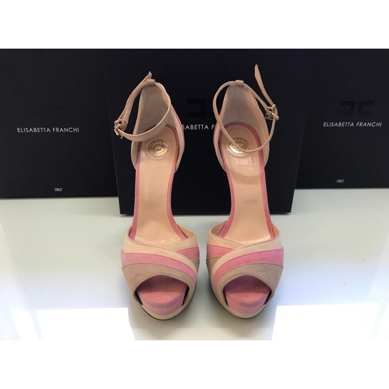 Elisabetta Franchi sandali a plateau colore rosa è beige in vera pelle  scamosciata tacco 15 cm chiusura a fibbia misura 40