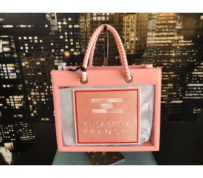 Elisabetta Franchi borsa a mano donna colore rosa manico in corda log centrale corpo semi transparente misura 31x37