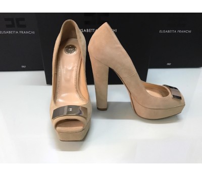 Elisabetta Franchi scarpe Décolleté  donna colore beige in vera pelle scamosciata piastra in ottone con log su tomaia tacco 12 cm  misura 36/38/39