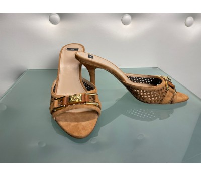 Elisabetta Franchi Suede sandal with brown heel. gold front accessory. size 37 misura 38