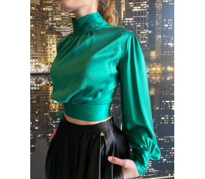 ELISABETTA FRANCHI CAMICIA TOP IN RASO DI SETA CON INCROCIO SUL RETRO COLORE VERDE TG 42 