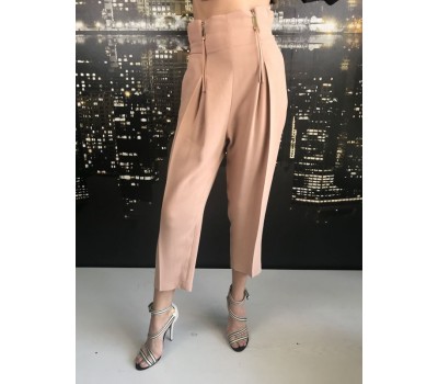 Elisabetta Franchi pantalone color cappuccino con 2 zip in vita taglia 42