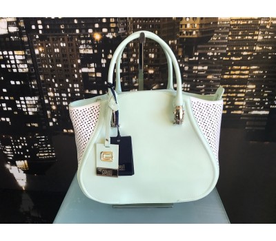 Roberto cavalli borsa a mano , in vera pelle , colore verde e bianco , log in ottone chiusura a zip . Misura 29x35