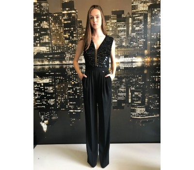 Elisabetta Franchi  tuta salopette color nero. body arricchito di paillettes e tulle taglia  44 