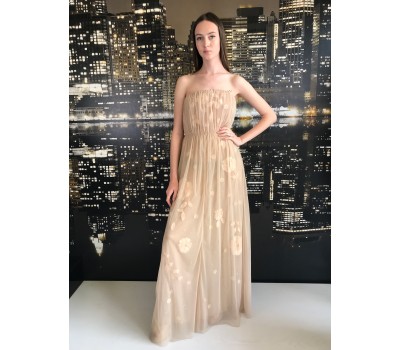 Elisabetta Franchi abito donna lungo, tessuto tulle  con particolare  inserti di fiore .perfetto per serata speciale colore beige misura 44