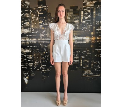 ELISABETTA FRANCHI SALOPETTE SHORTS TOP IN PIZZO COLORE BIANCO TG 40