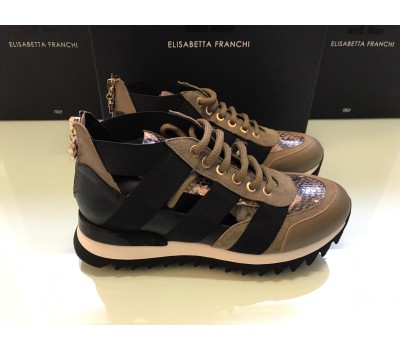 Elisabetta franchi sneakers in vera pelle e tela . Colore marrone e nero log su tomaia , chiusura a zip, sula in gomma misura 36/40 