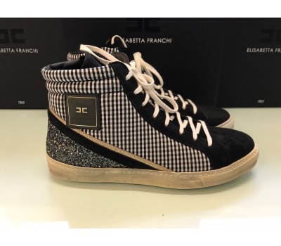 Elisabetta Franchi scarpe sneakers vera pelle e tela colore nero e biano, log su tomaia punta rotonda, misura  39