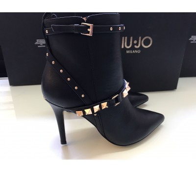 Lui-jo stivaletti donna in vera pelle colore nero decorazioni su tomaia con cinture e borchie in ottone tacco 9 cm misura 37/40