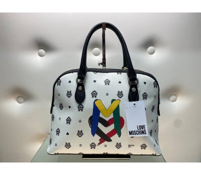 love Moschino borsa a mano piu tracolla colore bianco fantasia chiusura a zip fodera in tessuto interna con tasca log centrale misura 34x32