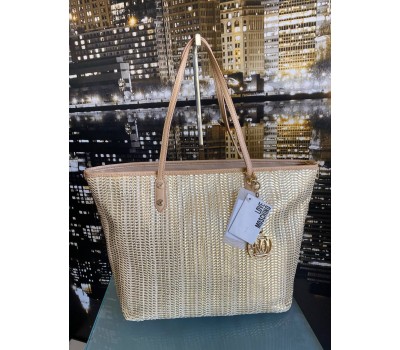 Love Moschino borsa tracolla colore paglia lucido log medaglia ottone foderata in tessuto con tasca interna misura 45x53