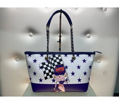 love Moschino borsa a tracolla con catene colore blu e bianco chiusura a zip fodera in tessuto interna con tasca decorazione log centrale misura 41x45