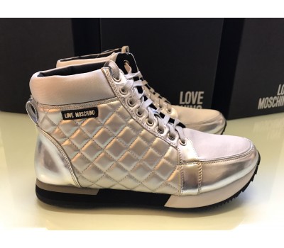 love Moschino scarpe sneakers donna  in vera pelle e tela colore bianco argento misura 40 /41